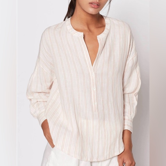 Joie Bekette Top in Blush Sand Striped Linen Blend Blouse (973) - Picture 3 of 13